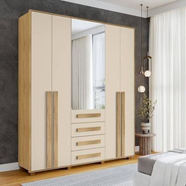 Imagem de Guarda-roupa Casal 5 Portas 1 Porta com Espelho com 3 Gavetas Las Vegas Iii Cinamomo / Off White