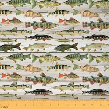 Imagem de Feelyou Tecido Bass Fish da The Yard 5 jardas Tecido de estofamento de pesca e caça para cadeiras prancha de madeira bege para projetos de bricolage em casa, poliéster, impermeável, decoração interna