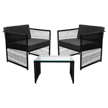 Imagem de Conjunto De 2 Poltronas Em Fibra Sintética E Mesa De Centro Preto-cinza