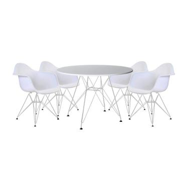 Imagem de Mesa De Jantar Redonda Branca 90Cm Com 4 Poltronas Brancas Ferro Branco Branco