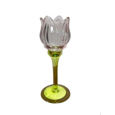 Imagem de Castiçal em Vidro Flor Verde e Rosa 19cm - Cromus