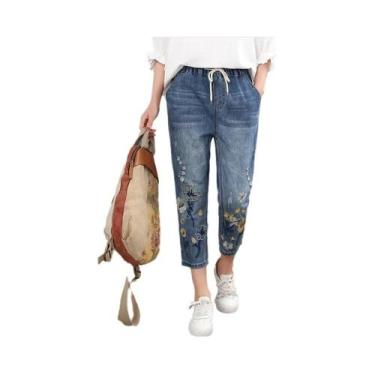 Imagem de Calças Jeans Vintage Com Bordado Floral Para Mulheres, Moda Casual De 