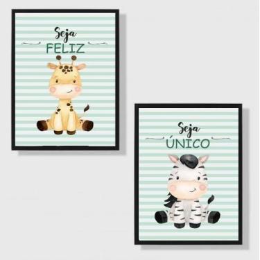Imagem de Kit 2 Quadros Infantil Tema Safari Seja Feliz 45X34Cm Preta - Quadros 