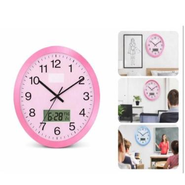 Imagem de Relógio Rosa de Parede Analógico  Calendário, Termômetro Digital e Des