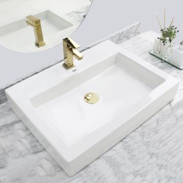 Imagem de Kit Cuba Pia Louça Cerâmica Banheiro C/ Torn e Vál Dourada 6