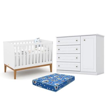 Imagem de Berço Americano Unique Branco Soft Eco Wood - Matic E Cômoda Infantil Americano Branco Hp E Colchão Tendtudo - Henn