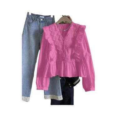 Imagem de Blusa Feminina Casual De Outono Com Renda E Babados Em Cor Sólida, Man