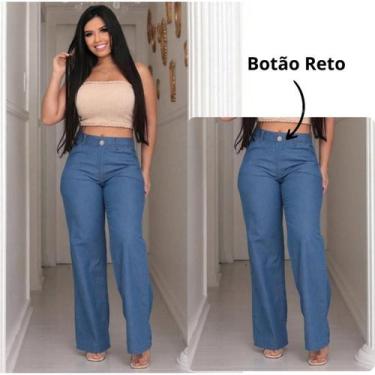 Imagem de Calça Pantalona Jeans Feminina Social Cintura Alta Com bolso na frente