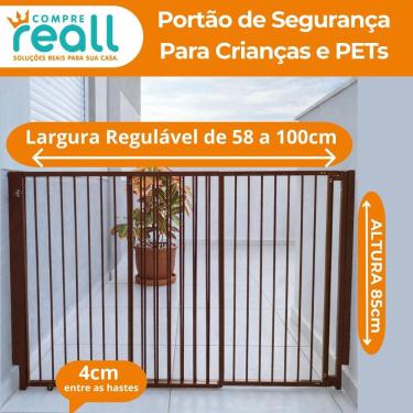 Imagem de Portão de segurança Crianças e PET Altura 85cm x Largura 58 a 100cm Alumínio Marrom