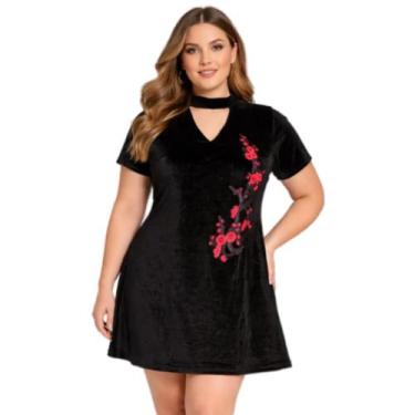Imagem de Vestido Veludo Plus Size Luxo com Renda Floral Bordada Gola Choker Dec