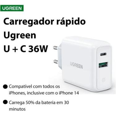 Imagem de Carregador Turbo  UGREEN 36W Dual USB C + USB PD 3.0 e QC 3.0 compatív