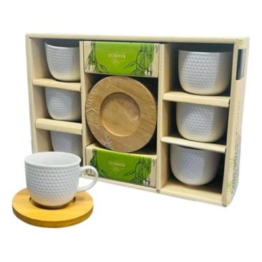 Imagem de Kit 6 Xícaras De Porcelana Com Pires De Bambu 100ml - Kadê