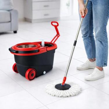 Imagem de Mop Giratório com Balde Inox Rodinhas Cesto Inox Esfregão Microfibra 3