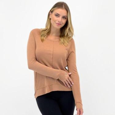 Imagem de Blusa Doce Trama em Tricot Básica Manga Longa Feminina, P, Mocca