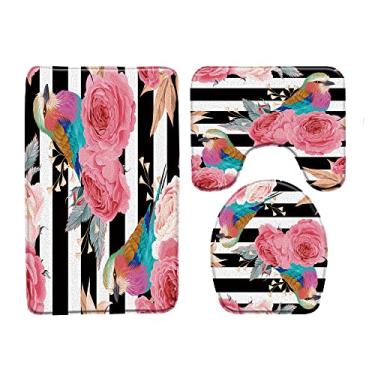 Imagem de Tapete de banho de flores e pássaros com fundo de listras pretas e brancas tapetes de banheiro conjunto de 3 peças tapete de banheiro carpete produtos de banheiro, 4936L, 450MMx750MM