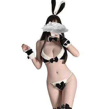 Imagem de SINROYEE Roupa íntima japonesa Lolita sexy de coelhinho cosplay conjunto de fantasia micro biquíni sutiã peludo e calcinha kawaii anime, Preto, Tamanho Único