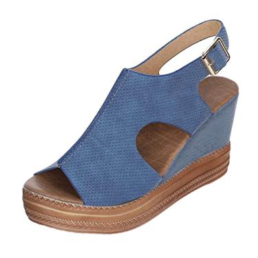 Imagem de Sandálias de moda femininas sapatos casuais anabela senhoras fivela sólida romana sandália feminina plástico tamanho 9, Azul, 7