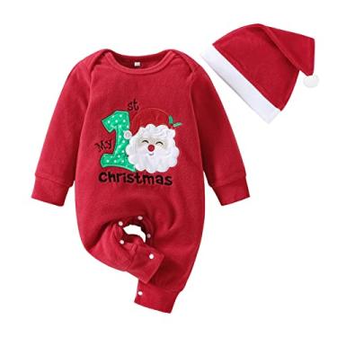 Imagem de Macacão de lã bordado Papai Noel manga longa infantil meninos meninas Natal manga longa macacão chapéu bebê (vermelho, 12-18 meses)