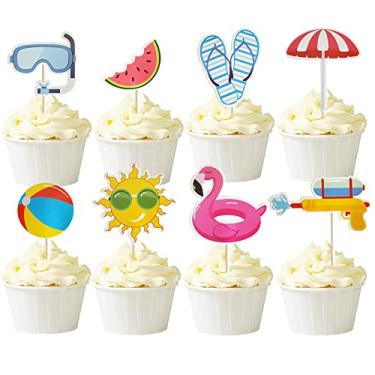 Imagem de Mulukaya 24Pcs Summer Pool Theme Beach Ball Sun Umbrella Slippers Water Gun Goggles Cupcake Toppers Cake Picks for Summer Birthday Tropical Luau Hawaiian Party Supplies