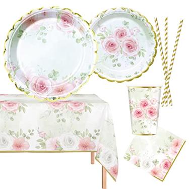 Imagem de Serve 24 suprimentos completos para festas florais vintage, inclui pratos de papel, copos, guardanapos, canudos e 2 capas de mesa, ideais para chás de bebê, casamentos, aniversários, chás de chá, festas temáticas florais