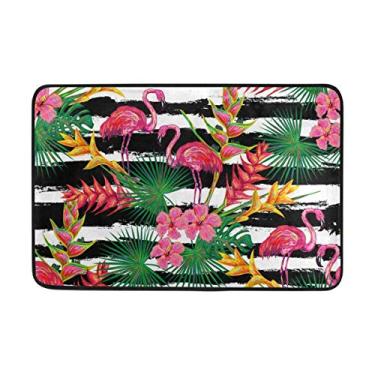 Imagem de My Daily Tropical Flamingo Palm Leaf Flowers capacho listrado 40 x 60 cm, sala de estar, quarto, cozinha, banheiro, tapete impresso com espuma leve