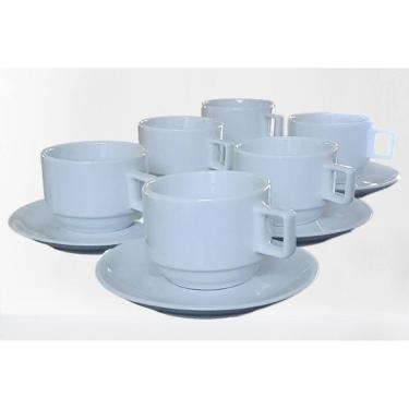 Imagem de Kit Jogo 6 xícaras Café Chá com pires - 200ml Empilháveis - Porcelana branca