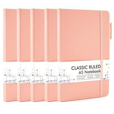 Imagem de feela Pacote com 5 cadernos a granel, diários pautados clássicos de capa dura com suporte de caneta para mulheres, meninas, material escolar, com 5 canetas pretas, 120 g/m2, 13 x 21 cm, A5, coral