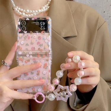 Imagem de Pulseira de pérolas de luxo Chian Cute Floral Glitter Phone Case para Samsung Galaxy Z Flip 5 4 3 Flip3 Flip4 Linda capa de flor, TZ933,2, para Galaxy Z Flip 3