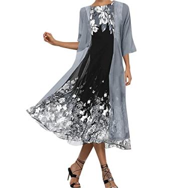 Imagem de Vestido reto feminino casual moda malha patchwork vestido feminino feminino estilo vintage vestido de formatura slim fit, Cinza, M