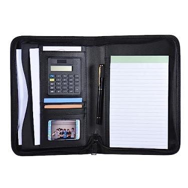 Imagem de Domary Portfólio de negócios profissional portátil Padfólio Pasta de documentos Organizador A5 Couro PU Fechamento com zíper com suporte para cartão de calculadora Memo Note Writing Pad