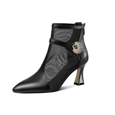 Imagem de KAGAA Sapatos femininos de couro genuíno bico fino com zíper, salto agulha salto alto com cristais de 6 cm sandálias femininas feitas à mão th2594s, Preto, 9