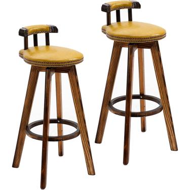 Imagem de Conjunto de bancos de bar rotativos com 2 cadeiras retrô de madeira maciça, com almofada e encosto de PU, para café da manhã em bares, cafés, restaurantes, banco alto, carga de 150 kg, amare