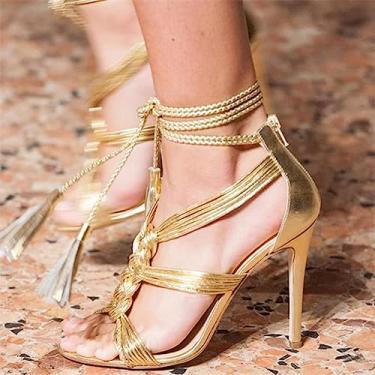 Imagem de Sandálias gladiadoras de couro de verão douradas femininas salto alto cadarço borla stiletto aberto dedo do pé clássico franja sapatos