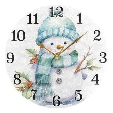 Imagem de KLL Relógio de parede redondo azul claro e branco com boneco de neve de Natal de inverno, operado por bateria, relógios de parede de 25 cm, relógio de parede silencioso pintado em acrílico, sem