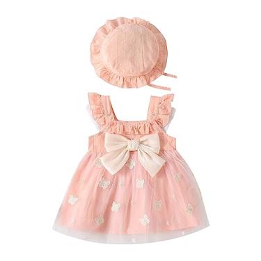Imagem de Vestido infantil para meninas pequenas de renda borboleta macacão chapéu de sol roupas para bebês meninas vestido bonito, rosa, 12-18 Meses