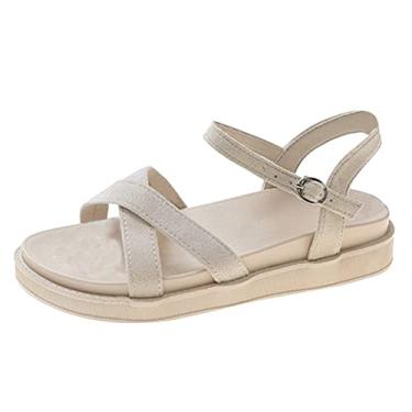 Imagem de Sandálias planas para mulheres senhoras vestido de verão fundo grosso fundo plano confortável sandálias de praia fivela alça, Bege, 8