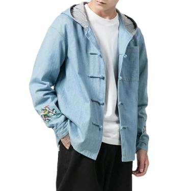Imagem de KANG POWER Jaqueta jeans com capuz estilo chinês bordado Kirin plus size casaco outono tops roupas masculinas, Azul, 3G