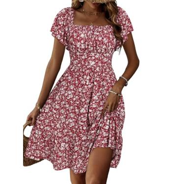 Imagem de TORARY Vestidos de verão bonitos para mulheres 2024 manga esvoaçante gola quadrada casual primavera vestidos de verão, Vinho, floral, GG