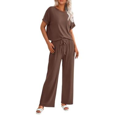 Imagem de PRETTYGARDEN Camiseta feminina de verão de 2 peças de malha de manga curta e calça de treino de perna larga roupa casual, Café, Small
