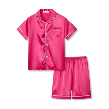 Imagem de Topgal Pijama de cetim para meninas – Conjunto de pijama de botão sedoso estilo casaco tamanho 6-16, Rosa choque (manga curta e shorts), 14