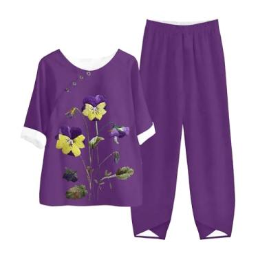 Imagem de Conjunto feminino de 2 peças de linho, estampa floral, blusa e calça capri de cintura alta, conjunto combinando para idosos do meio, Roxa, 3X-Large