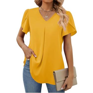 Imagem de Funlingo Blusas femininas de verão de manga curta elegantes de chiffon, gola V, túnica de trabalho, camisetas casuais soltas, Amarelo, 3G