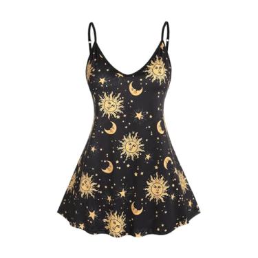 Imagem de Rosegal Plus Size Camiseta regata feminina gótica lua sol com estampa de estrela e sem mangas com alças finas, Preto 4, 4X