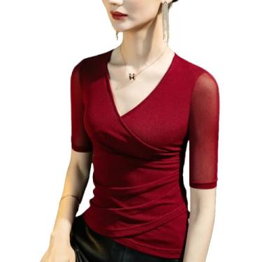 Imagem de Yueary Túnica feminina com gola V canelada manga curta malha sólida franzido cintura camiseta slim top blusa básica para trabalho, Vermelho, 3G