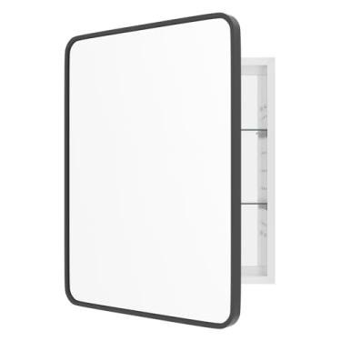 Imagem de WallBeyond Armário de remédios embutido preto de 56 x 71 cm com moldura de metal de liga de alumínio de canto redondo, armário de remédios moderno de porta única com armazenamento