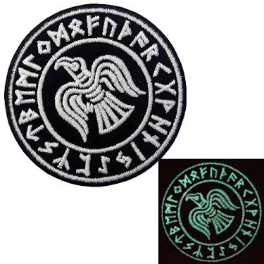 Imagem de Glow in Dark Rare Norse Viking Raven Runes Odin God of War Patch bordado Moral Applique Fastener Hook & Loop Emblema