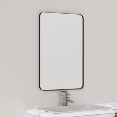 Imagem de VocalStar Espelho de banheiro com moldura de metal preto para parede, 40,6 x 61 cm retangular arredondado preto fosco espelho de banheiro casa de fazenda, vidro inquebrável de 0,6 cm | Suspensão