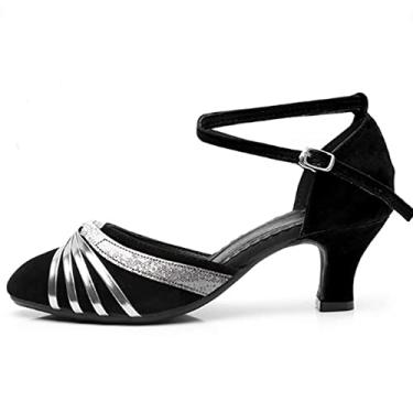 Imagem de Sapatos de dança de sapateado feminino vestido sapatos de dança festa salto alto Sola de borracha(Prata.US 7.5)