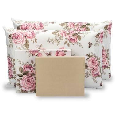 Imagem de Jogo De Lençol Queen 4 Peças Estampado Percal 180 Fios (Roseira - Caqui)