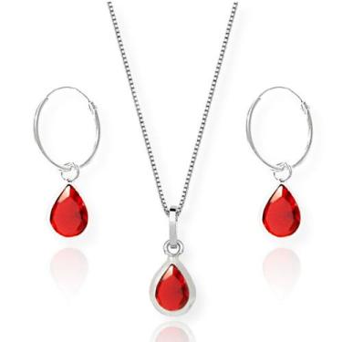 Imagem de Conj Colar E Brinco Argola Pingente Gota Zirconia Prata 60cm - Lojas L